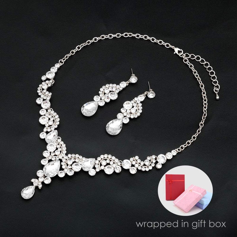 CSY 4 Pcs/Sets Elegant Crystal Necklace Earrings Bracelet Ring Bridal Wedding Costume Jewelry Sets for Brides Women Gifts (White Gold Plated-White) - Image 3